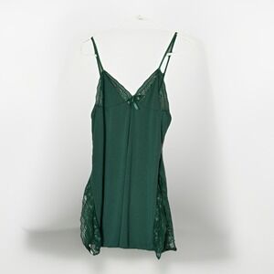 VTG 80s Green Lace Trim Mini Slip Dress‎ Coquette Lingerie Core Spaghetti Strap